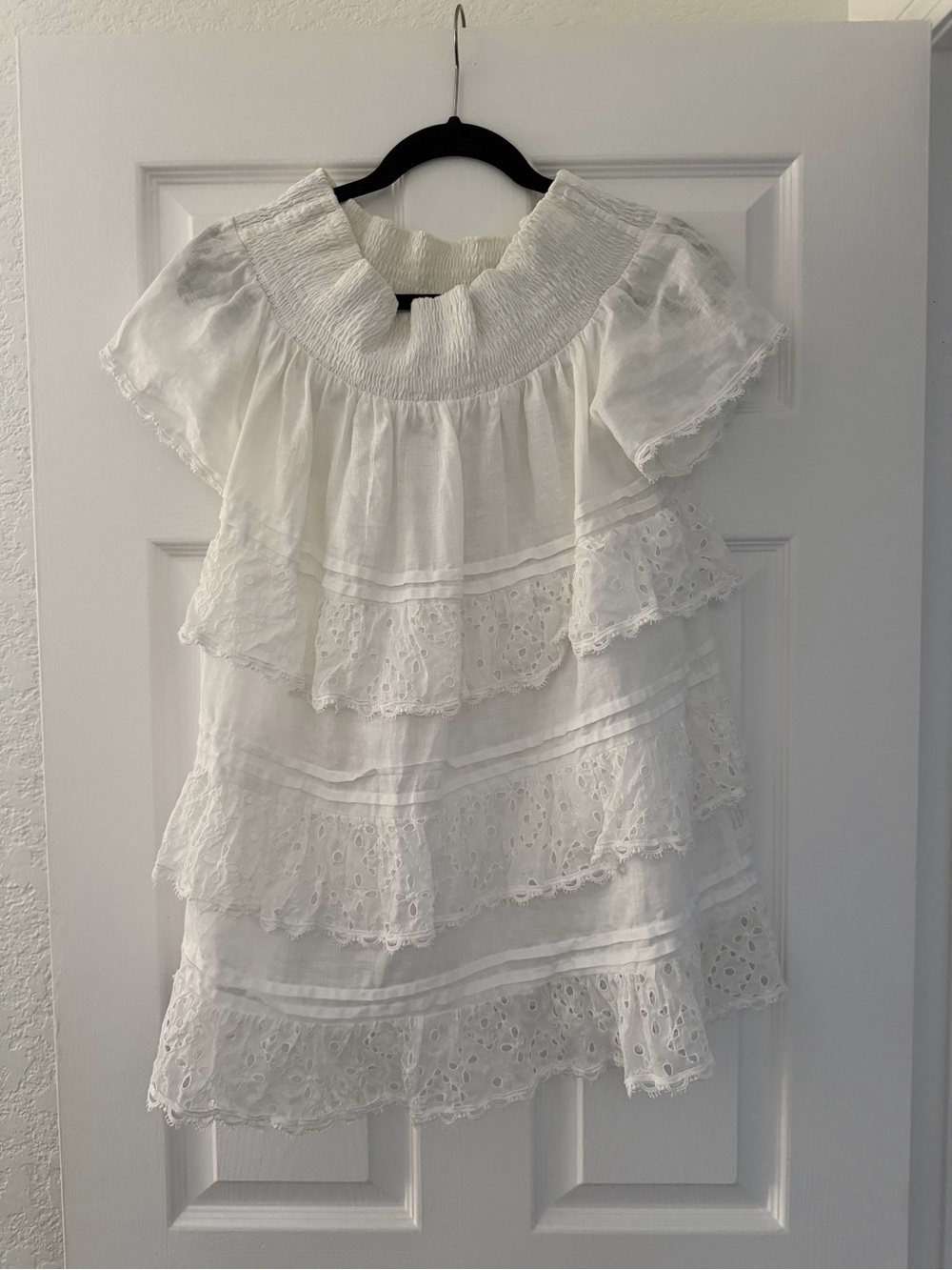 White Tiered Eyelet Ruffle Linen Women's Dress